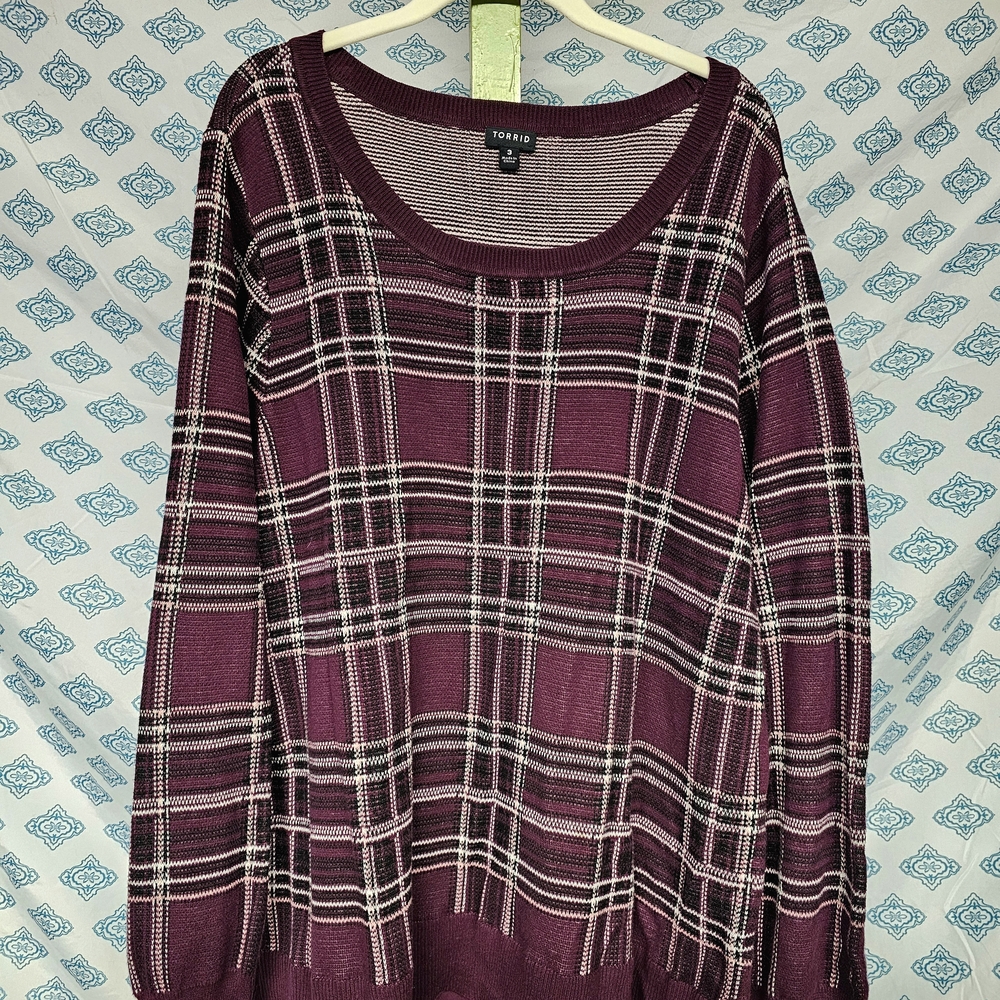 Torrid 3x Burgundy Plaid Crew Neck Sweater